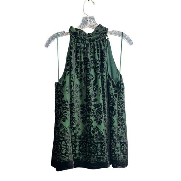 Max Studio Emerald Green & Black Velvet Burnout High Neck Tie Halter Tank Top M - Picture 1 of 8